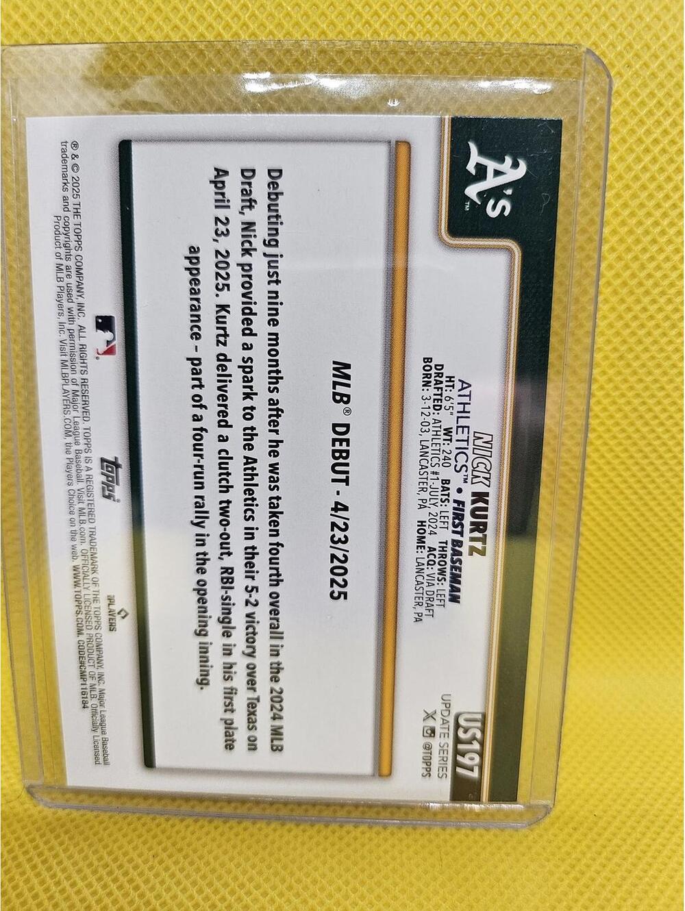 Nick Kurtz (RC) 2025 Topps Update  #US197 - A's ROY 2025 - RAW Mint - Picture 2 of 2